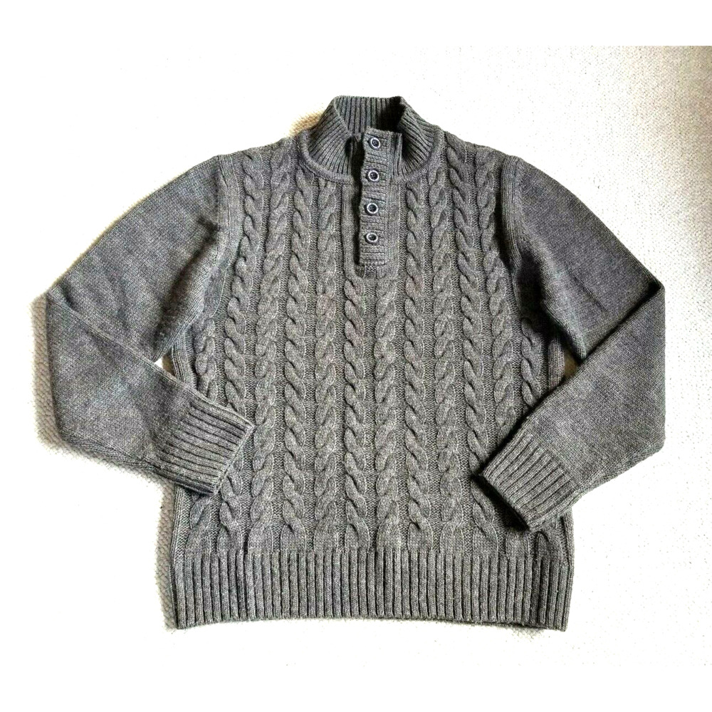 Womens Sweater-LORENZO MAGNI-ITALY-brown wool cable knit henley Fisherman-M